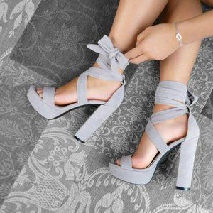 Grey Platform Chunky Heel Ankle Strap Strappy